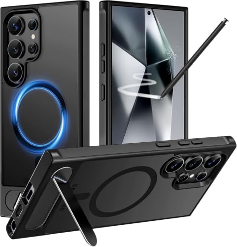 Image of Elzzi Magnetic Cover Compatible for Samsung S24 Ultra 5g Case with Adjustable Metal Kickstand, Compatible with Mag-Safe Translucent Matte Shockproof Protective Phone Case, Black Stand