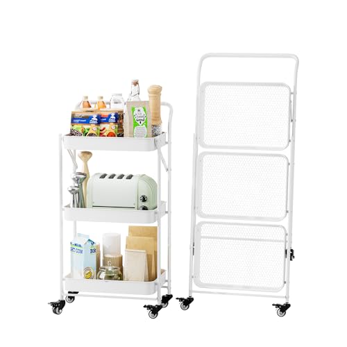 JAQ Foldable Rolling Cart, 3-Tier No Assembly Metal Utility Cart with Handle, Heavy Duty Folding Storage Trolley Organizer on Wheels for Kitchen, Office, Craft Art, Baby Diaper, Snacks, Books, White