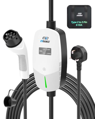 EVDANCE EV Charging Cable for Electric and Hybrid Vehicles, 6 Metres, 3 Pin UK Plug to Type 2 Car Charger, 10A Max, IP66 Protection Suitable for Home & Travel, White