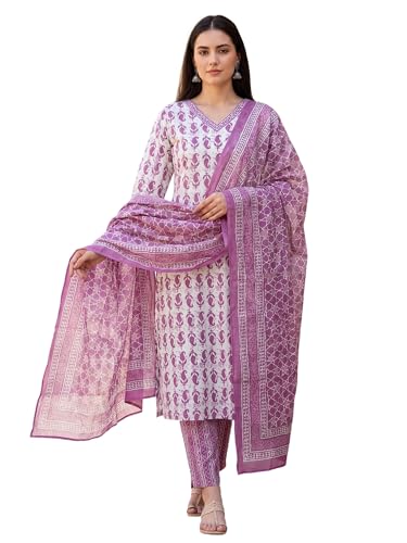 Image of INDO ERA Women's Pure Cotton Printed Straight Kurta & Pant with Dupatta Set