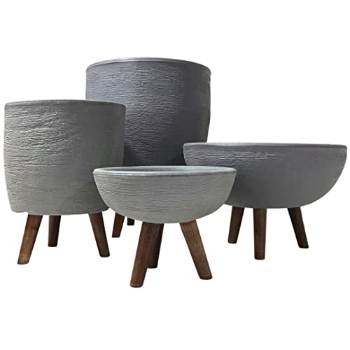 Kit 4 Vasos Para Plantas E Decoração Com Tripé De Madeira Cor: Cinza
