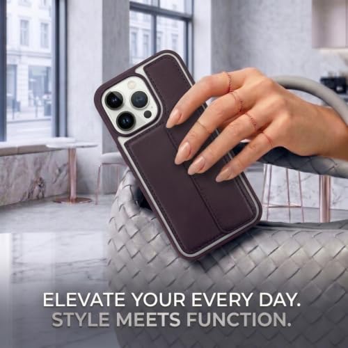 Image of amazon basics Luxury Vegan Leather Back Cover for iPhone 14 Pro | Built-in Card Holder Slot | Integrated Mobile Stand | Slim Shockproof Protective Case with Stitched Finish - Purple