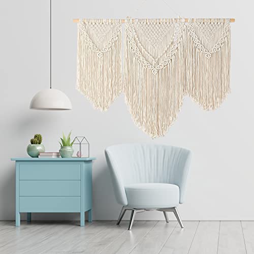 Turk's Outdoor 43"×32" Macrame Wall Hanging Tapestry Large Ivory-White Cotton Rope Woven Macrame Wall Decor, Premium Quality Wall Macrame Hanging For Home, Beautiful Wall Pediment With Unique Texture #TOP2