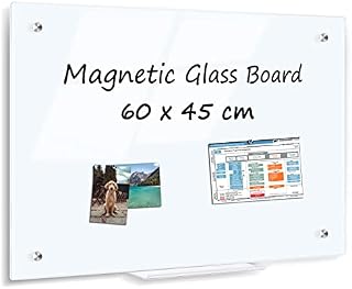 4 THOUGHT Glass Magnetic Whiteboard, 45 x 60 cm Tempered Frameless Glass Dry Erase Board for Wall Notice Memo Board for Office School Home Normal White with 3 Magnets