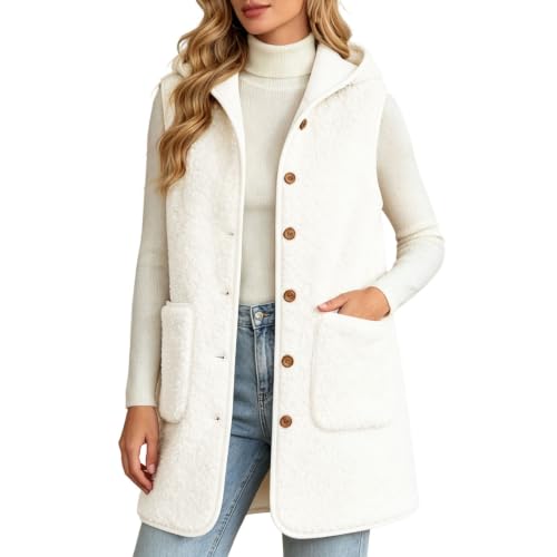 Fleece Hooded Vest Women Sharpa Sleeveless Button Down Long Jackets Vests - image 7
