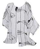  Damen Lagenlook assymetrisch Sommer Leinen Tunika Bluse Kleid Shirt 42 44 46 48 50 M L XL XXL Fische Print Urlaub Strand Weiß Top (48)