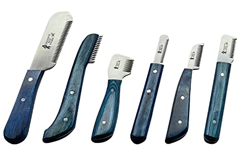 Massive Bee Store Dog Grooming Coat Stripping Knife Stripper Trimmer Tool Wooded Handle tripping Knives Set of 6 in Stainless Steel non slip tool for grooming dogs (Blue)