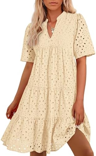 BTFBM Womens Boho Summer Dresses 2026 Spring V Neck Short Sleeve Hollow Out Lace Ruffle Casual Beach Mini Vacation Dress