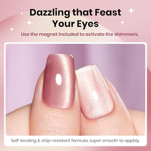 Image of Beetles Sunlit Champagne Pink Cat Eye Gel Nail Polish - 15ML's Day Pink Cat Eye with Gold Powder Magnetic Glitter Gel Polish Glass Effect Soak Off UV DIY Nail Art Gift for Women