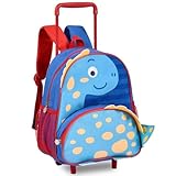 Mochila Bolsa Escolar Infantil com Rodinhas, Estampa Dinossauro 3D, 14L de Volume, Alça Retrátil até 60cm, Cores Vibrantes em Azul e Vermelho
