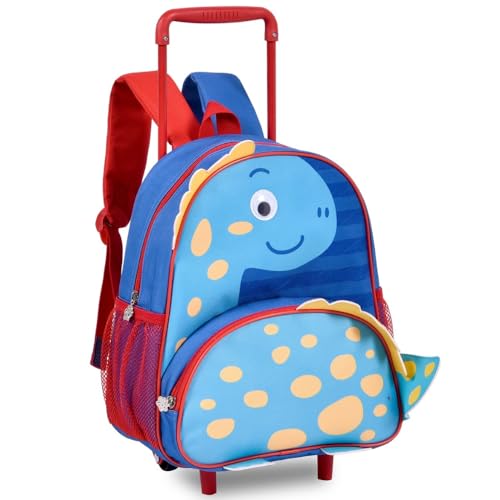 Mochila Bolsa Escolar Infantil com Rodinhas, Estampa Dinossauro 3D, 14L de Volume, Alça Retrátil até 60cm, Cores Vibrantes em Azul e Vermelho