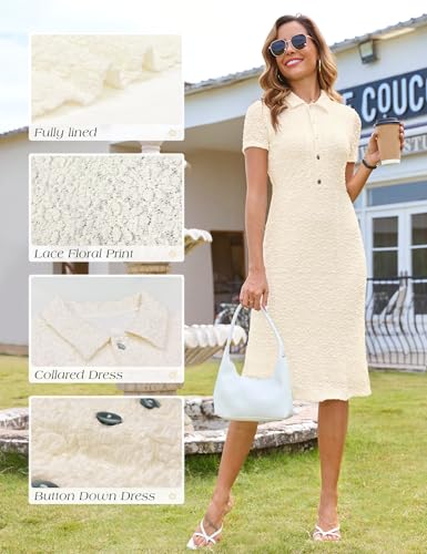 Image of Annebouti Womens 2026 Spring Summer Short Sleeve Elegant Lace Button Down Semi-Formal Work Business Casual Midi Dress