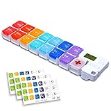FZHOME Weekly Pill Organizer 2 Times A Day with Timer Reminder Alarm, Am Pm Daily Travel Pill Case 7 Day, Medication Organizer Box, Electronic Pill Dispenser (14 Compartments with Alarms-Rainbow)