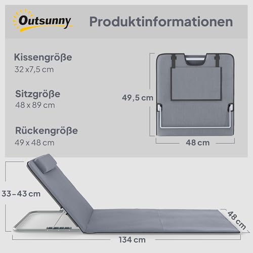 Outsunny Strandmatte, 2er Set, Faltbare Strandmatratze, Sonnenmatte, 5-stufige Höhe, mit Tragetasche, Stahl, 134 x 48 x 36-45 cm