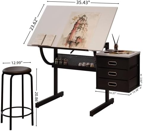 Drafting Table for Adults, Adjustable Height Drawing Desk with 3 Drawers, Art Desk with Tilting Tabletop for Sketching, Painting, Writing, Spacious Storage Design, Easy Assembly, Black White