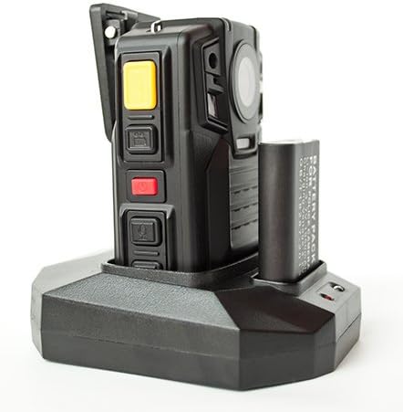 PatrolEyes body camera in a docking station with an extra battery slot.