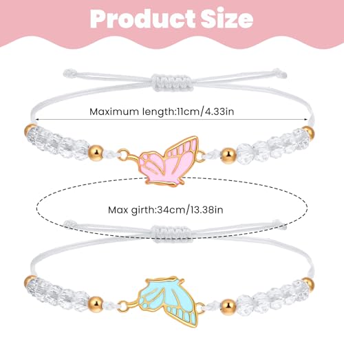 2pcs Matching Bracelets, Butterfly Friendship Bracelets Adjustable Strand Best Friends Bracelet BFF Bracelet, Handmade Charm Couples Jewelry Gifts for Women Couples Friend (Pink + Blue)2