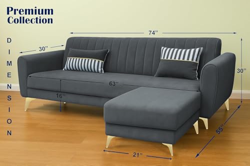 Image of Adorn India Premium Luster 4 Seater L Shape Sofa Set | Velvet Suede Fabric | 3-Year Warranty | Color Dark Grey with Golden Legs & Striped Pattern Cushion