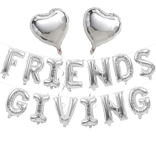 Image of Friendsgiving Balloons Friends Giving Party Decorations 16 Inches Tall Silver Heart Friendsgiving Foil Mylar Balloon Letter Banner for Fall Theme Thanksgiving Friends Party Backdrop Supplies