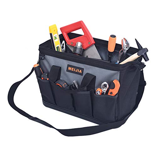 Image of MEIJIA Waterproof Tool Bag,Wide Mouth Multi-pocket Tool Organizer with Adjustable Shoulder Strap,Suitable for Electrician, Woodworking Tool Storage Bag (16")
