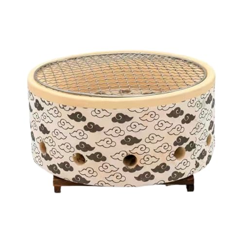 SOLLENT 新しい和風 4 in 1 セラミック火鉢、炭火焼き、付き屋内、珪藻土ラウンド、炭焼き盆日本のセラミック粘土卓上炭ストーブ、小型 丸型 キャンプや家庭用ポータブルバーベキュークッカー (A,25*25*12CM)