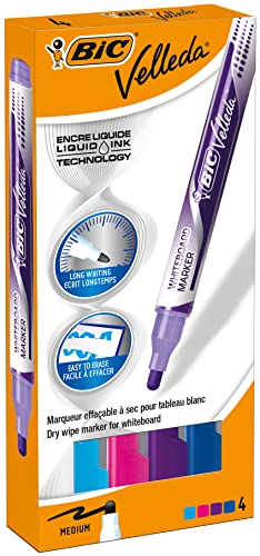 BIC Velleda Feutres pour Tableau Blanc Effaçables à Sec Pointe Conique Large - Couleurs Assorties, Etui Carton de 4