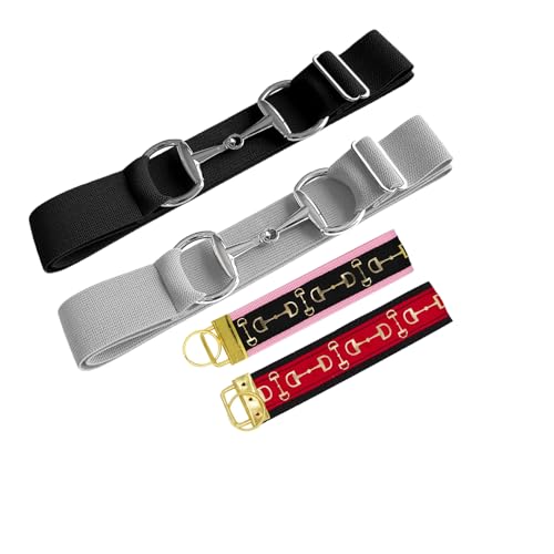 Dielianyi 2PCS 1.5-inch Elastic Equestrian Belt with Horse Bit Buckle, 2 Unique Equestrian Theme Keychain Strap for Horseback Riding, Black & Grey Pack