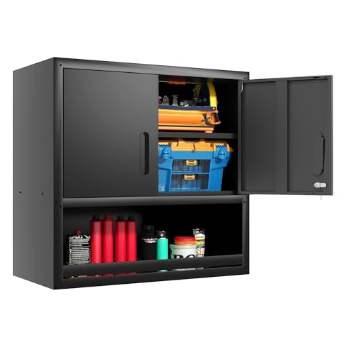 BIZOEIRON Werkzeugschrank Hängend Metall Wandschrank mit 2 Türen Und Offene Lagerung Hängeschrank für Garage Werkstattschrank Wand Montage Erforderlich Schwarz