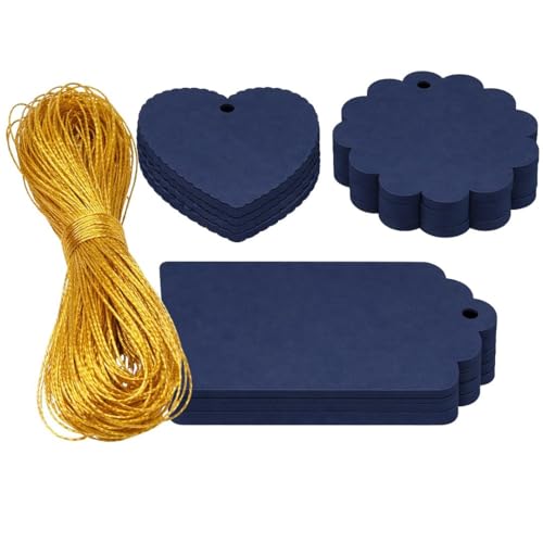 Image of CVANU Premium Gift Tags (60 Pcs) - 3 Designs Blank Hanging Tags with Pre-Punched Holes & Golden String for DIY Crafts| Gift Wrapping| Small Business & Labelling (Dark Blue1)