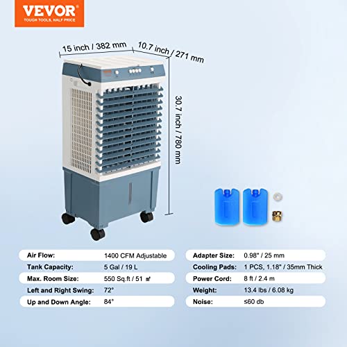 VEVOR Evaporative Cooler, 1400 CFM Air Cooler, 84° Oscillating Swamp Cooler,5 Gal Portable Air Cooler for 550 Sq.ft with 3 Speeds Adjustable Control, Indoor Outdoor Use, FCC Listed image 2