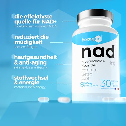 NAD+ Nicotinamide Riboside Chloride 300mg - +1 Monat Kur - NAD Booster - Anti-Aging & Gegen Müdigkeit - Made in France - 30 Vegetarische Kapseln - Vegan - Hexagon