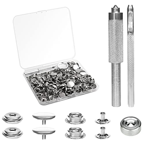 Kinbom 200Pcs Snap Button Kit Tools, 5/8 Inch (15Mm) Leather Snap Kit Snap Fastener Kit Sewing Snaps Stainless Steel Snap Repair Kit 50 Sets Buttons For Bags Jeans Clothes Fabrics (Silver) #TOP22