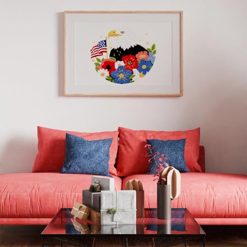 Image of Louise Maelys Bald Eagle Embroidery Kits for Beginners,Cross Stitch Kit with Adults,DIY Arts Craft with Stars and Stripes Flag and Flowers Pattern,Including Cloth,Hoop,Instructions and Threads