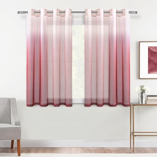 DWCN Burgundy Ombre Sheer Curtains 54 Inch Long for Living Room 2 Panels