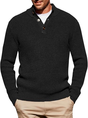 Runcati Mens Pullover Sweater Knitted Quarter Button Stand Collar Casual Thermal Henley Sweaters