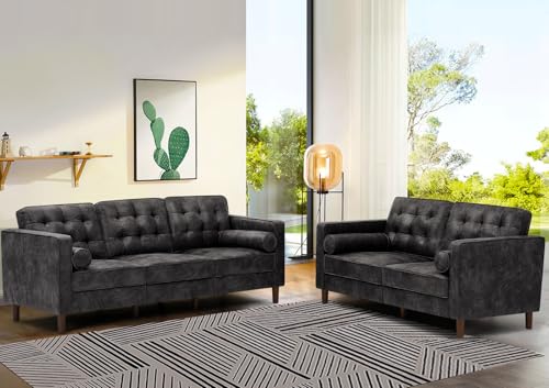 Image of 67 inch Suede Leather 2-seat Sofa with Two Bolster Pillows, Tufted Loveseat with Wooden Legs, Morden Sofa Suitable for Living Room, Office, Black