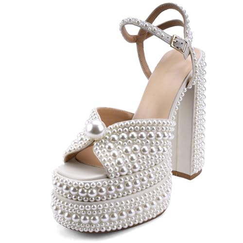 White Pearl Platform Heels For Women Chunky Heeled Sandals Square Peeped Toe Ankle Strap High Heels Slingback Dress Evening Bride Bridal Shoes2