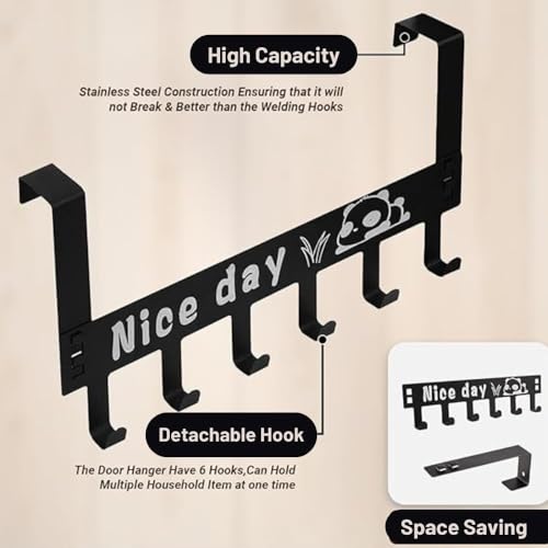 Image of Heavy Duty Over Door Hook Hanger for Cloths, Carben Steel | Nice Day Print Hook Use of Bathroom, Kitchen, Bedroom | Towel, Scarf, Coat Holder | Removable Door Hanger (6 Hooks)