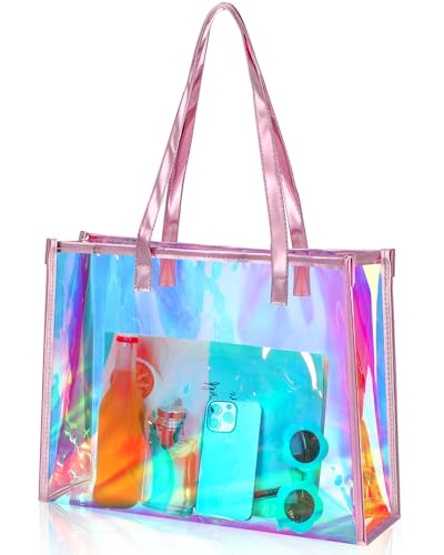 Aliceset Holographic Clear Tote Bag with Leather Handle Iridescent Bachelorette Beach Bag for Work Stadium Travel(Pink)