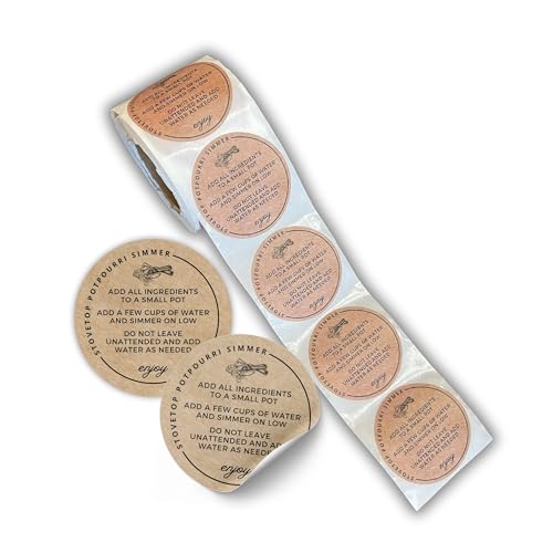 Stovetop Potpourri Instruction Label | 250 pc Roll 2 Circle Label Brown Boho Kraft Paper Design for Christmas Holiday Package of Stove Top Simmer Home Scent Use with Glass Saucepan Steamer Pot