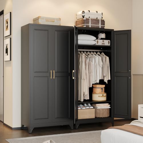 UNICOLY Armoire Wardrobe Closet with Doors, 71'' Wardrobe Cabinet with Hanging Rod, Metal Closet with 2 Adjustable Shelves for Bedroom School, Employee, Gym, Armarios De Ropa para Dormitorio, Black