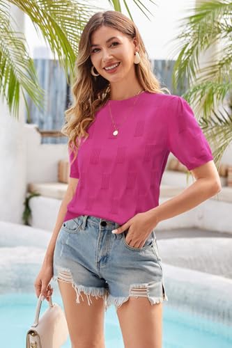 Image of Arach&Cloz Women's Short Sleeve Crew Neck Sweaters Trendy Teacher Work Tops | Lightweight&Breathable Fabric, Texture Knit Design, Relaxed Fit, Business Casual Outfits, Teacher Work Tops Fall 2026