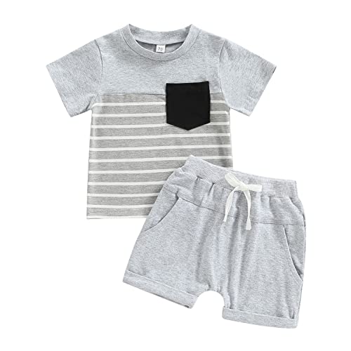 Hoanselay Toddler Infant Baby Boy Summer Shorts Set Striped Short Sleeve T-Shirt Top And Casual Shorts Outfit Clothes (B-Grey, 2-3 Years) #TOP9
