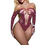 Eagerlove Sexy Body De Pedrería Para Mujer Lencería De Rejilla Diseño Con Aberturas Brillante Outfit Rave Teddy De Malla Para Club Regalo Ropa De Noche Borgoña Taglia Unica