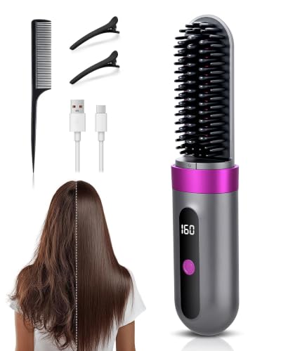 Lizoak Brosse à lisser sans fil avec batterie, brosse lissante ionique 160–200 °C, 3 niveaux de température, écran LED, brosse à lisser en céramique USB-C, portable pour voyage et coiffage