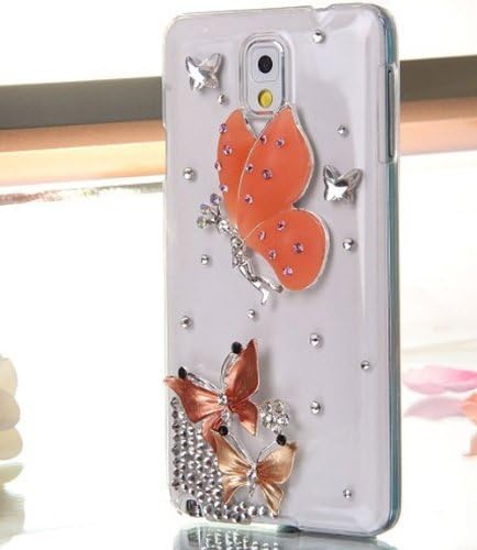 Candymaker Handmade 3D Bling Crystal Diamond Butterfly Rhinestone Flower Design Clear Hard Back Cover Skin Case For SAMSUNG GALAXY S5/GALAXY SV/GALAXY S V(orange) + Stylus + 2 In 1 Winebottle style Phone Charm/Anti-dust Plug