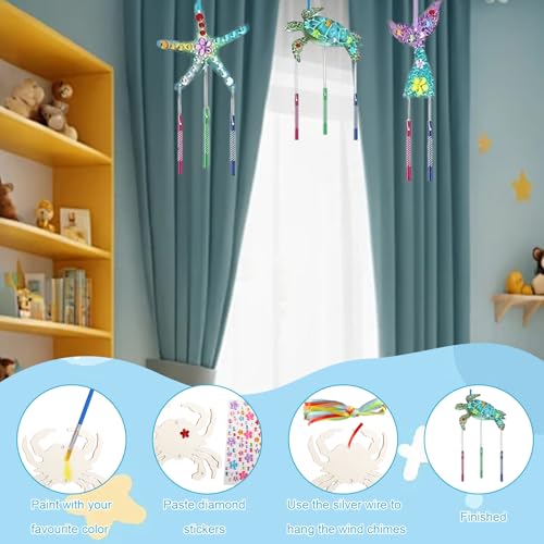 burkfeeg 12er Set Meertier Windspiel Holz Bastelset Kinder, Windspiel Bastelset Kinder Ozeantiere Klangspiel Kreativsets, Geschenk für Geburtstag, Schule, Party