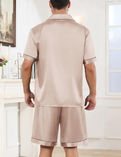 Image of Veseacky Mens Silk Satin Pajamas Set Short Sleeve Sleepwear Button-Down Pjs Sets Two-Pieces Loungewear with Pockets S-XXL