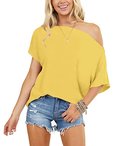 Infitty Women's Casual Cold Shoulder Tops Short Sleeve T Shirts Loose Fit Summer Blouse Shirt Yellow X-Large #TOP1