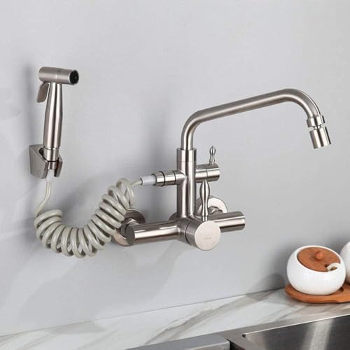 XAZLBIW Grifo de Cocina Empotrado en la Pared, Tipo Acero Inoxidable 304, Agua Caliente y fría, rociador, Monomando, para lavandería, Piscina, Giratorio (se Necesita C).